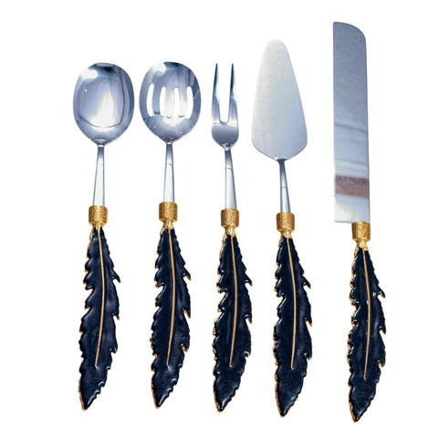 COUVERT 5 PIECES NOIR ARGENTE DORE PLUME L'Atelier de Dadi - vaisselle de luxe - Dakar - Senegal