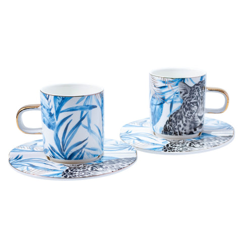 TASSE PETIT DEJ FOND BLANC BLEU FLEURETTE LEOPARD POIGNET DORE 6 PCS L'Atelier de Dadi - vaisselle de luxe - Dakar - Senegal