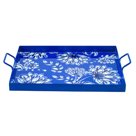 PLATEAU DE SERVICE RECTANGLE BLEU FLEURETTE BLANC REBORD EN FER