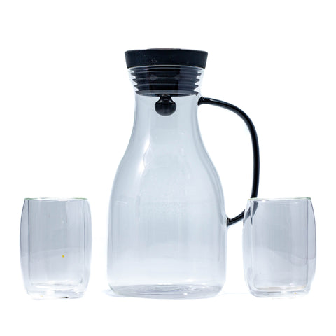 CARAFE EN VERRE JARRE TRANSPARENT POIGNET NOIR COUVERCLE ARGENTE NOIR - L'Atelier de Dadi - vaisselle de luxe - Dakar - Senegal