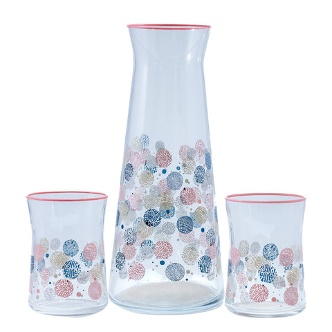 CARAFE SERVICE JUS 5 PCS VERRE TRANSPARENT ROSE MOTIFS ROND TROIS COULEUR - L'Atelier de Dadi - vaisselle de luxe - Dakar - Senegal
