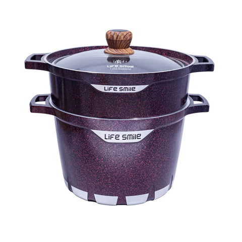 COUSCOUSSIER ANTI-ADHERENTE ROUGE COUVERCLE VERRE POIGNET BOIS 28CM 3PCS L'Atelier de Dadi - vaisselle de luxe - Dakar - Senegal