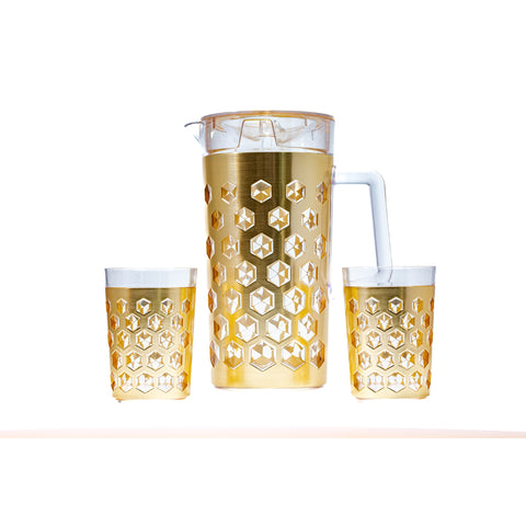 Carafe à Jus 7 Pièces en Plexi Transparent Doré avec Motif Hexagonal- L'Atelier de Dadi - vaisselle de luxe - Dakar - Senegal