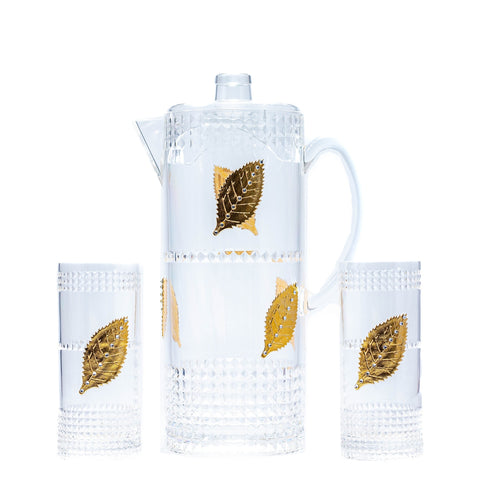 Carafe à Jus 7 Pièces en Plexi Transparent avec Détails en Feuille Dorée - L'Atelier de Dadi - vaisselle de luxe - Dakar - Senegal