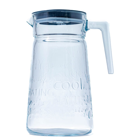 Carafe en Verre Transparent avec Couvercle Plastique Gris et Motif Écriture - L'Atelier de Dadi - vaisselle de luxe - Dakar - Senegal