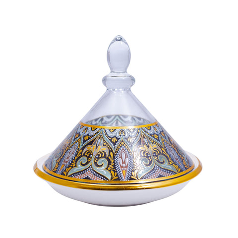 DATTIER PLAT CERAMIQUE BLANC DORE COUVERCLE VERRE PIRAMIDE TRANSPARENT MOTIFS FLEURS MULTICOLOR BANDES DORES GM 2 PCS L'Atelier de Dadi - vaisselle de luxe - Dakar - Senegal