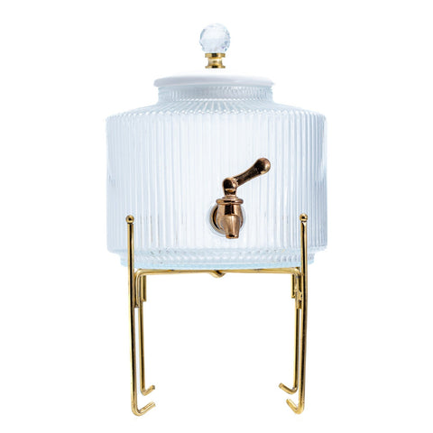 FONTAINE VERRE TRANSPARENT AVEC SUPPORT DORE COUVERCLE CERAMIQUE BLANC DORE AVEC BOUL CRISTAL 5L - L'Atelier de Dadi - vaisselle de luxe - Dakar - Senegal