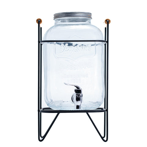 Fontaine en Verre Transparent avec Couvercle Métal Argenté, Support Noir et Poignée en Bois - 4l - L'Atelier de Dadi - vaisselle de luxe - Dakar - Senegal