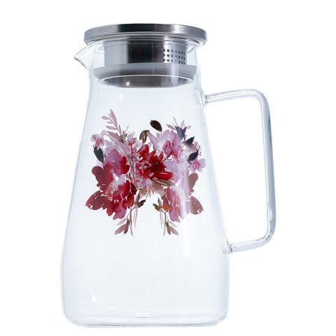 PICHET EN VERRE TRANSPARENT FLEUR ROUGE ROSE AVEC COUVERCLE ARGENTÉ - L'Atelier de Dadi - vaisselle de luxe - Dakar - Senegal