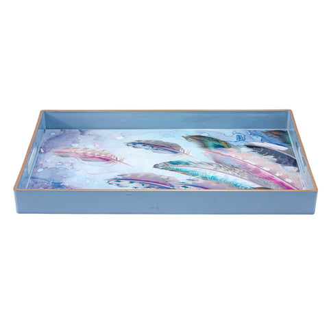 PLATEAU DE SERVICE RECTANGLE BLEU FOND PEINTURE DE PLUME L'Atelier de Dadi - vaisselle de luxe - Dakar - Senegal