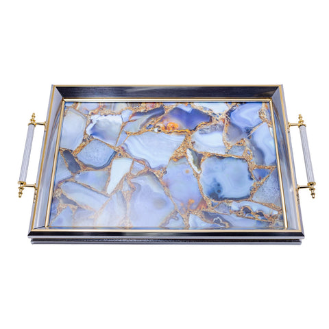 PLATEAU DE SERVICE RECTANGULAIRE FOND CARREAUX CASSES BLEU DORE L'Atelier de Dadi - vaisselle de luxe - Dakar - Senegal