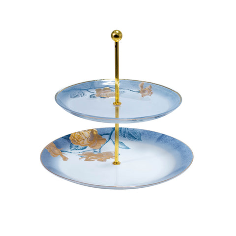 PRESENTOIR 2 COMPARTIMENTS 1 PLATEAU CERAMIQUE 1 PLATEAU VERRE TRANSPARENT BLEU BLANC FLEUR DORE L'Atelier de Dadi - vaisselle de luxe - Dakar - Senegal