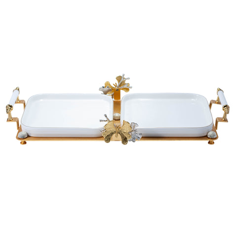 PRESENTOIR 2 COMPARTIMENTS CARRE BLANC DORE PAPILLON DORE ARGENTE GM - L'Atelier de Dadi - vaisselle de luxe - Dakar - Senegal
