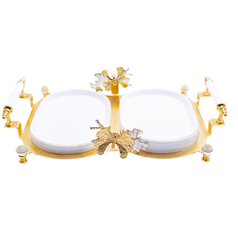 PRESENTOIR 2 COMPARTIMENTS OVAL SUPPORT DORE POIGNETS BLANC DORE L'Atelier de Dadi - vaisselle de luxe - Dakar - Senegal