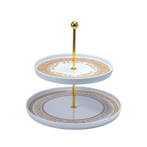 PRESENTOIR 2 COMPARTIMENTS ROND ARABIQUE BLANC DORE FLEUR DORE L'Atelier de Dadi - vaisselle de luxe - Dakar - Senegal