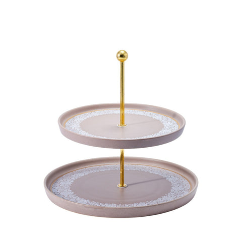 PRESENTOIR 2 COMPARTIMENTS ROND MARRON DORE FLEURETTE GRIS - L'Atelier de Dadi - vaisselle de luxe - Dakar - Senegal