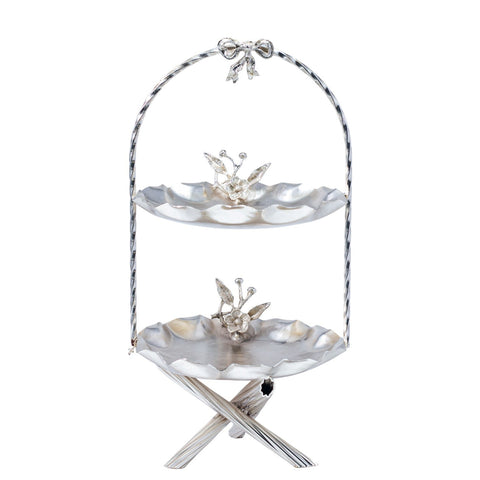 PRESENTOIR 2 COMPARTIMENTS ROND METAL FORGE ARGENTE 3 PIEDS CROISES FLEUR + NEUD ARGENTE MM - L'Atelier de Dadi - vaisselle de luxe - Dakar - Senegal