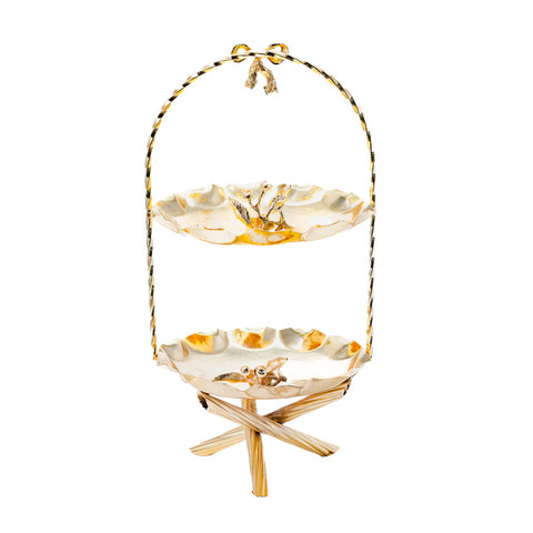 PRESENTOIR 2 COMPARTIMENTS ROND METAL FORGE DORE 3 PIEDS CROISES FLEUR + NEUD DORE MM L'Atelier de Dadi - vaisselle de luxe - Dakar - Senegal