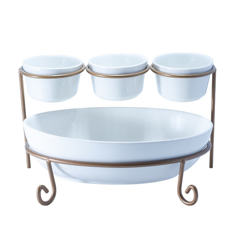 PRESENTOIR 4 COMPARTIMENTS PORCELAINE 1 BOL MM + 3 BOL PM SUPPORT DORE 4 CERCLES OVAL 4 PCS L'Atelier de Dadi - vaisselle de luxe - Dakar - Senegal