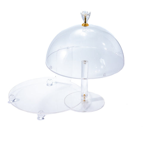 PRESENTOIR ACRELYQUE 2 COMPARTIMENTS AVEC 1 CLOCHE TETE TRANSPARENT DORE L'Atelier de Dadi - vaisselle de luxe - Dakar - Senegal