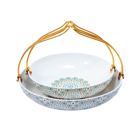 PRESENTOIR FORME BOL POIGNE DORE BLANC FOND MULTICOLOR FLEUR ETOILE PM L'Atelier de Dadi - vaisselle de luxe - Dakar - Senegal