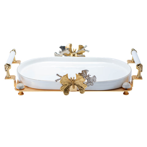 PRESENTOIR OVALE BLANC DORE PAPILLON DORE ARGENTE MM - L'Atelier de Dadi - vaisselle de luxe - Dakar - Senegal