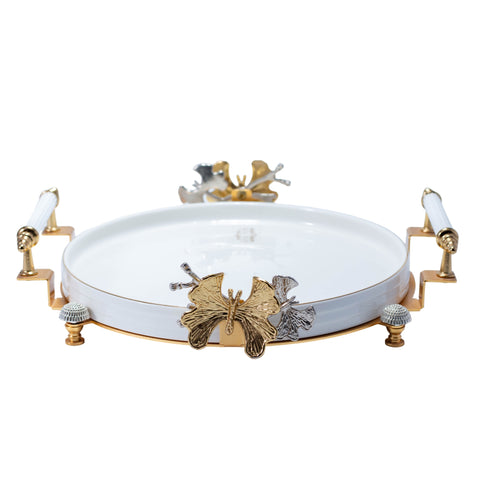 PRÉSENTOIR ROND BLANC DORÉ FLEUR ARGENTÉE DORÉ - L'Atelier de Dadi - vaisselle de luxe - Dakar - Senegal