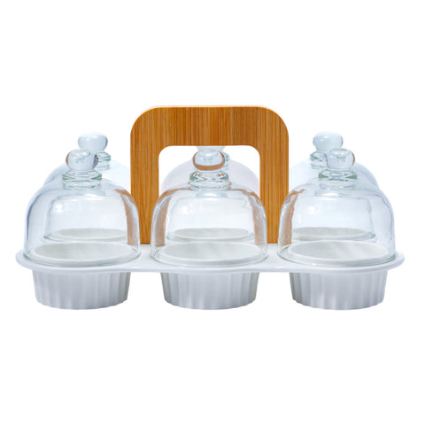 SAUCIERE TRANPARENT SUPPORT BLANC POIGNET BOIS 6 PCS L'Atelier de Dadi - vaisselle de luxe - Dakar - Senegal