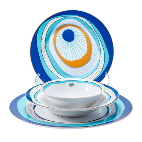 SERVICE 24 PCS CERCLES BLEU VERT BLANC DORE POINT DORE L'Atelier de Dadi - vaisselle de luxe - Dakar - Senegal