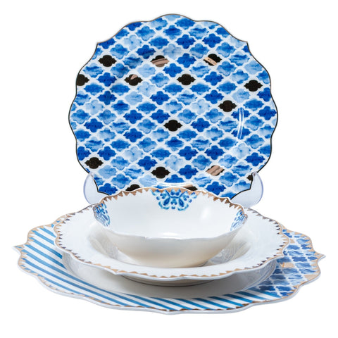 SERVICE 24 PCS FLEURE BLANC DORE TRAITS FEUILLE BLEU DORE L'Atelier de Dadi - vaisselle de luxe - Dakar - Senegal