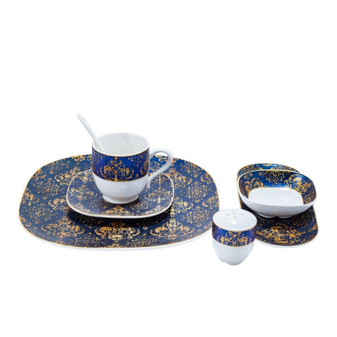 SERVICE 32 PCS BLEU DORE FOND BLANC L'Atelier de Dadi - vaisselle de luxe - Dakar - Senegal