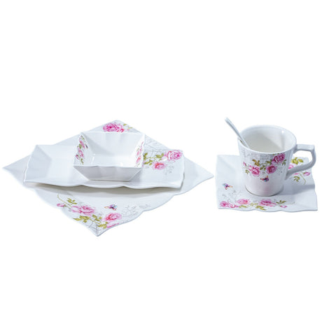 SERVICE 32 PIECES PORCELAINE BLANC FLEURETTE ROSE MARBELLA - L'Atelier de Dadi - vaisselle de luxe - Dakar - Senegal