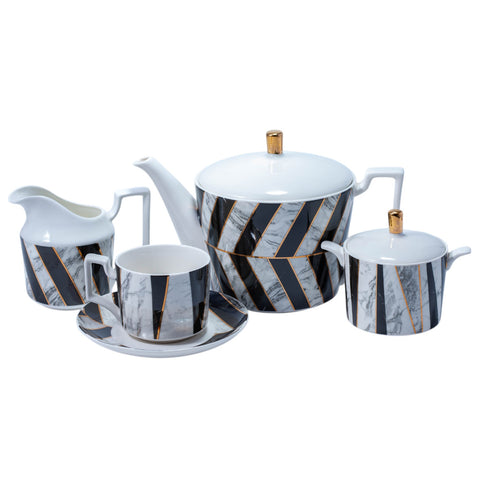 SERVICE THE 11PCS FOND BLANC NOIR GRIS DORE L'Atelier de Dadi - vaisselle de luxe - Dakar - Senegal