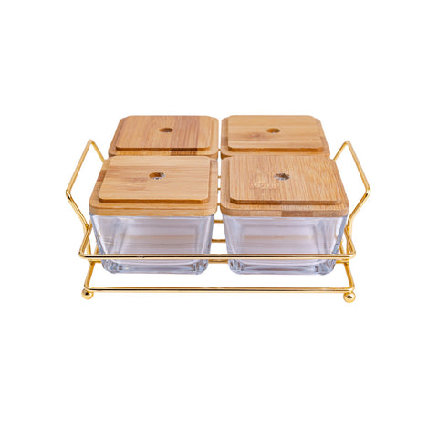 SUCRIER 4 CPTMS VERRE TRANSPARENT COUVERCLE BOIS SUPPORT METAL DORE L'Atelier de Dadi - vaisselle de luxe - Dakar - Senegal