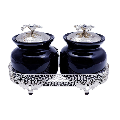 SUCRIER VERRE DOUBLE CPTS NOIR ARGENTE AVEC SUPPORT METAL ARGENTE AVEC PIEDS COUVERCLE ARGENTE FLEUR ARGENTE NOIR L'Atelier de Dadi - vaisselle de luxe - Dakar - Senegal