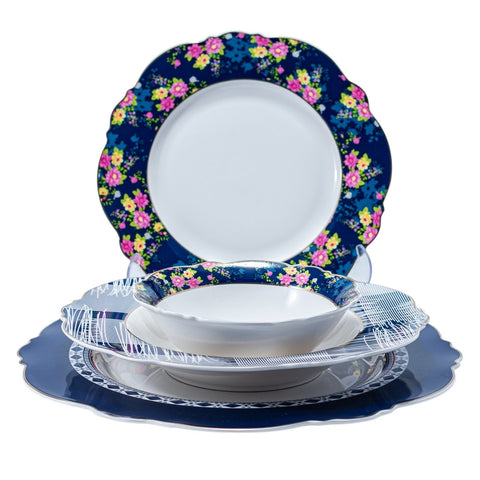 Service 24 Pièces Bleu et Rose avec Motif Fleurette sur Fond Blanc - L'Atelier de Dadi - vaisselle de luxe - Dakar - Senegal