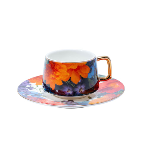 TASSE A CAFE FOND BLANC POIGNET DORE DEVANTURE ET SOUS TASSE MULTICOLOR FLEURETTE 6 PCS - L'Atelier de Dadi - vaisselle de luxe - Dakar - Senegal