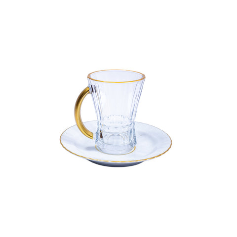 TASSE A THE TRANSPARENT REBORD ET POIGNET DORE SOUS TASSE BLANC DORE 6 PCS L'Atelier de Dadi - vaisselle de luxe - Dakar - Senegal