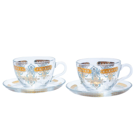 TASSE PETIT DEJ TRANSPARENT MOTIF BLEU CIEL DORE 12 PCS L'Atelier de Dadi - vaisselle de luxe - Dakar - Senegal
