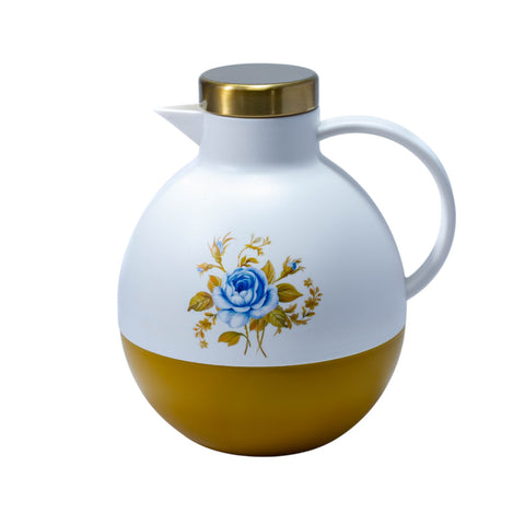 THERMOS BLANC JAUNE MOUTARD FLEURE BLEU COUVERCLE DORE 1L L'Atelier de Dadi - vaisselle de luxe - Dakar - Senegal