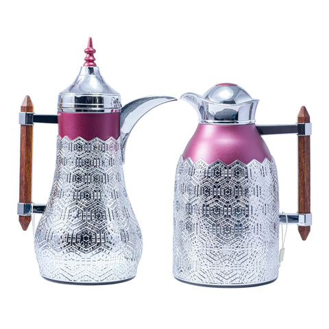 THERMOS DUO ARGENTE ROUGE BORDEAU POIGNET EN BOIS 0,7/1L - L'Atelier de Dadi - vaisselle de luxe - Dakar - Senegal