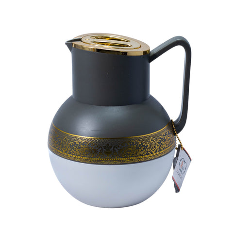 THERMOS ROND BLANC GRIS MOTIF FLEURE DORE COUVERCLE DORE L'Atelier de Dadi - vaisselle de luxe - Dakar - Senegal